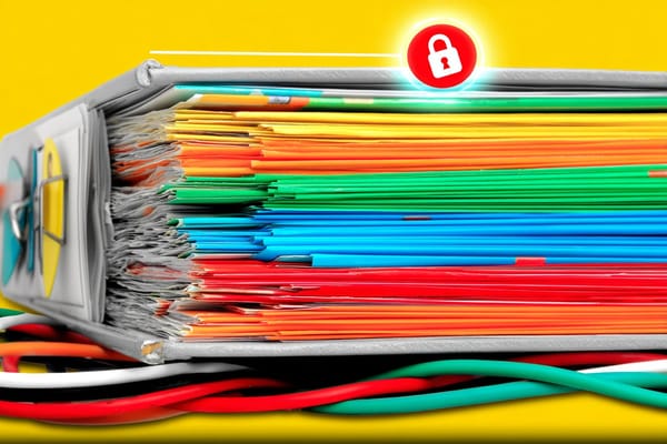A thick binder filled with colorful folders sits on top of tangled cables, with a glowing red lock icon above it.