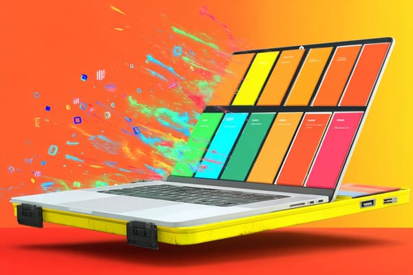 Pop art image of a laptop opened like a toolbox, showing colorful compartments for business tools.