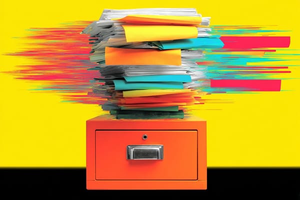 illustration of a bunch of messy files on top of a filing cabinet