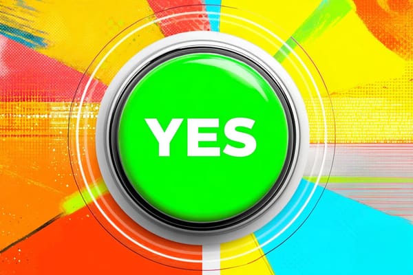 A neon green button that says "yes" surrounded by neon rays of light