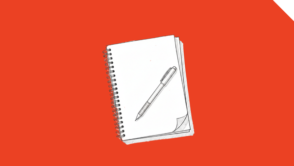 Line drawing of a notebook and pencil