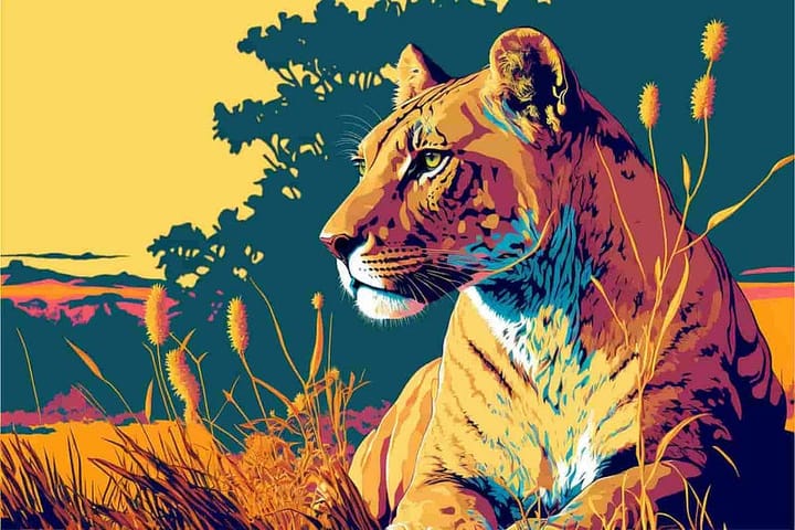 a majestic lioness in a savanna, pop art