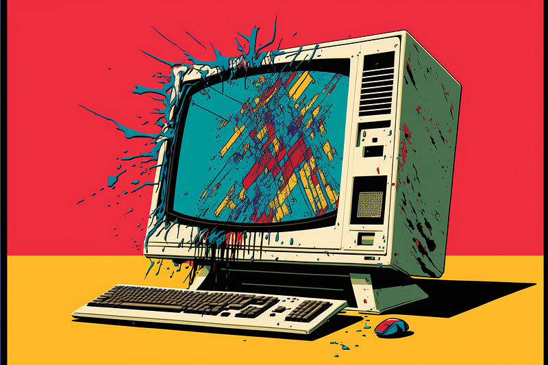 a large computer with a broken screen, pop art