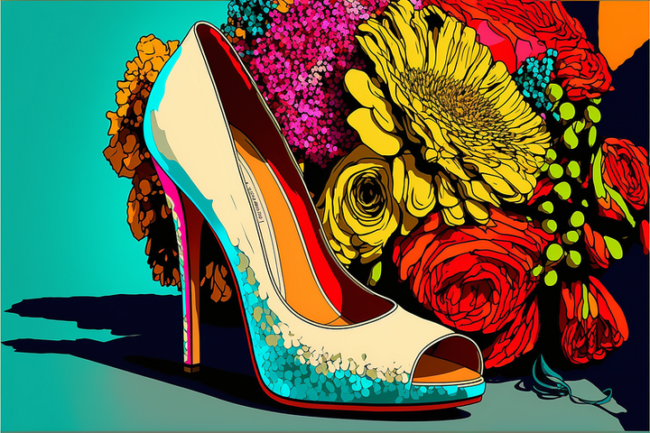 a bride’s shoe and bouquet, pop art