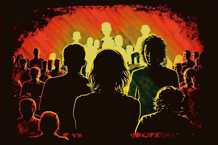 silhouette of a small audience at a concert, pop art