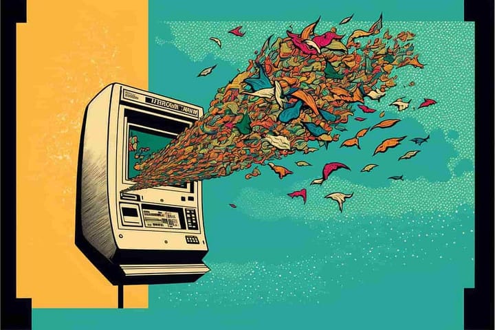 Pieces of paper flying from an ATM, pop art