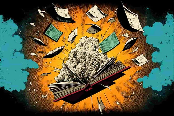 books and money flying through the air, pop art