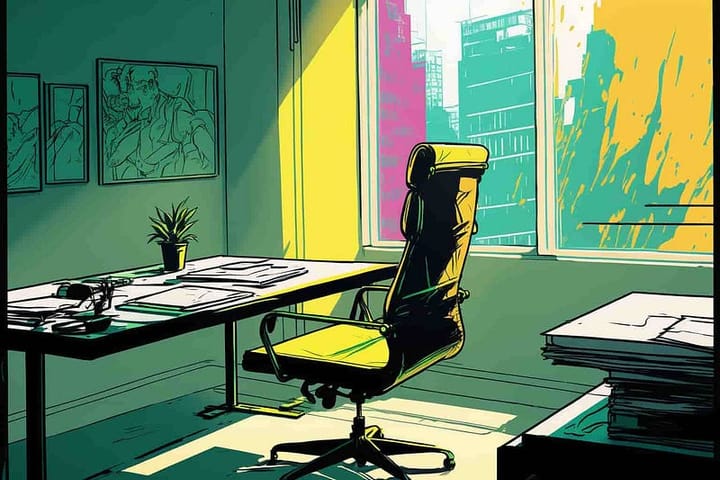 a desk chair in an empty, sterile office with lots of light, pop art