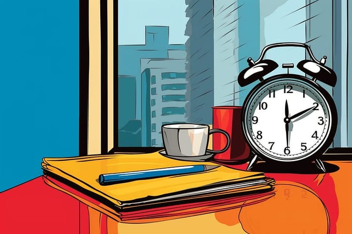 Pop art illustration of an antique clock on a desk with a notebook, a pen, and a cup of coffee