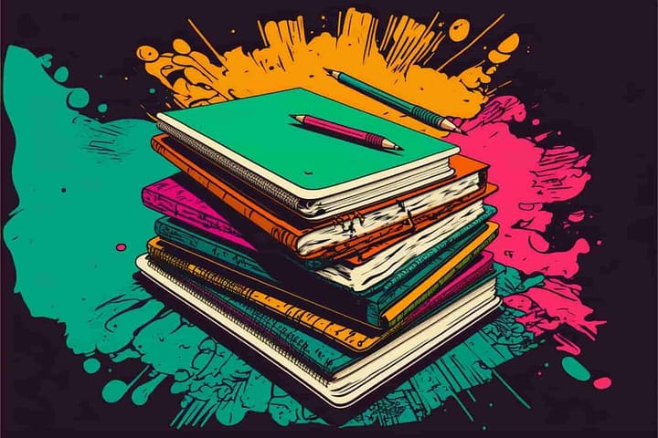 a pile of notebooks and a pen, pop art