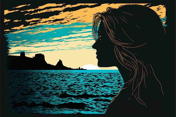 silhouette of a woman in the distance gazing at an ocean, pop art