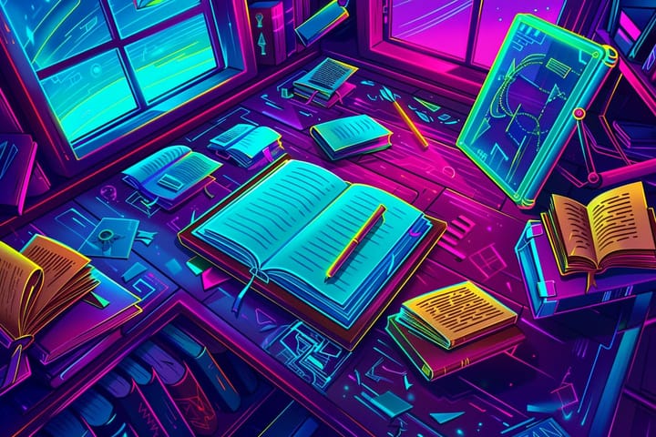 pop art illustration of a writer's desk with an open book and computer showing digital images