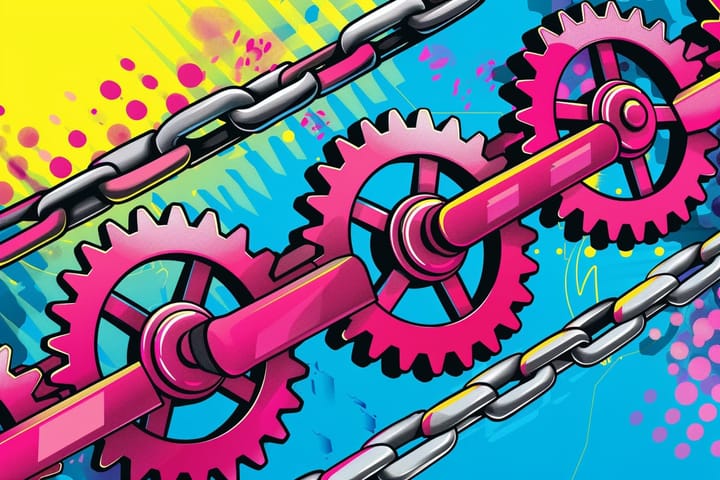 Pop art illustration of pink gears and silver chains