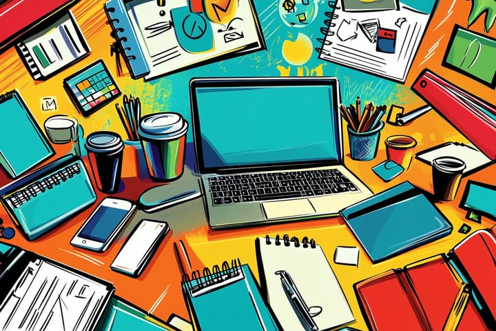 pop art illustration of the disorganized top of a freelancer's desk, covered with notebooks, pens, coffee cups, and a laptop