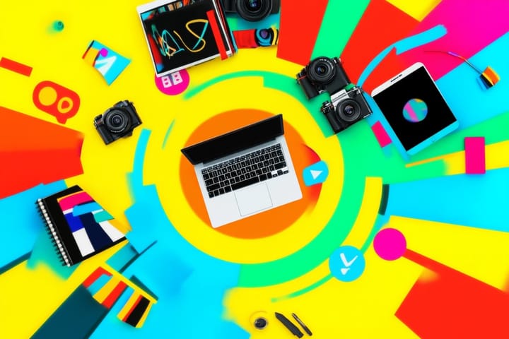 A graphic illustration of a laptop, notebooks, and cameras for content production