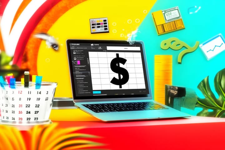 Bright illustration of a laptop with a large dollar sign in the middle surrounded by floating apps and tools